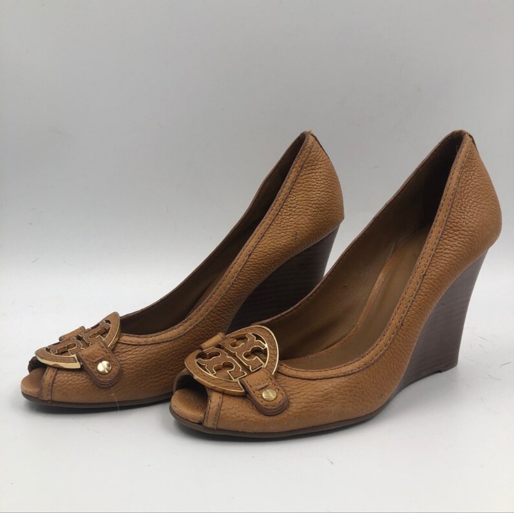 Tory Burch Designer Peep Toe Amanda Brown Tan Wedge Heel Pump 8